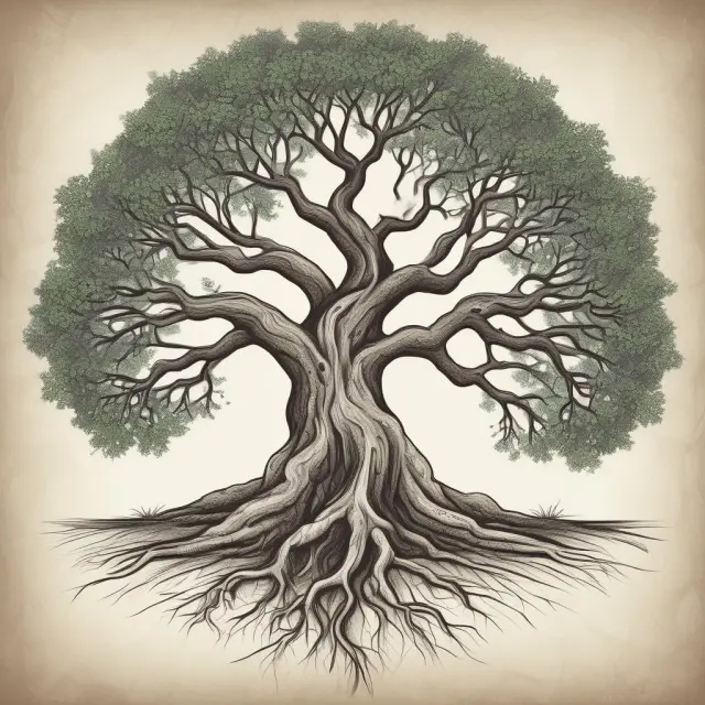 An ancient tree with intricately entwined roots representing voluntary trusts in estate planning, providing unity, protection, and future growth.
