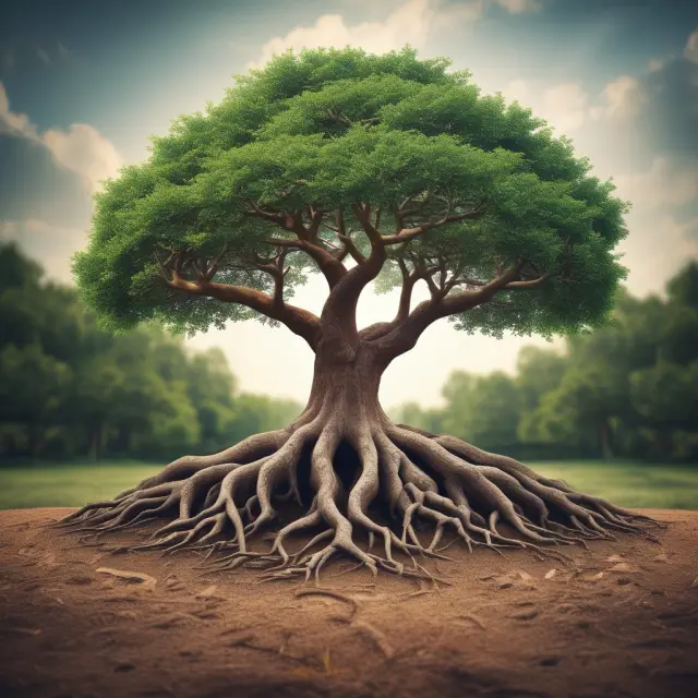 Tree with roots symbolizing voluntary trusts, growing a strong charitable organization