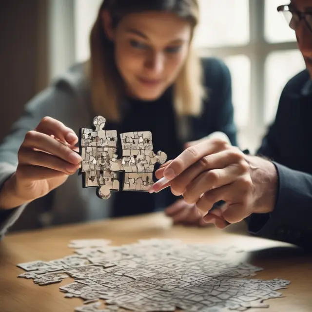 Trustee managing a complex puzzle representing trust creation and asset transfer