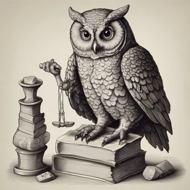 An owl, symbolizing wisdom, carefully examines old documents atop a balance representing potential tax benefits and liabilities in the realm of voluntary trusts.