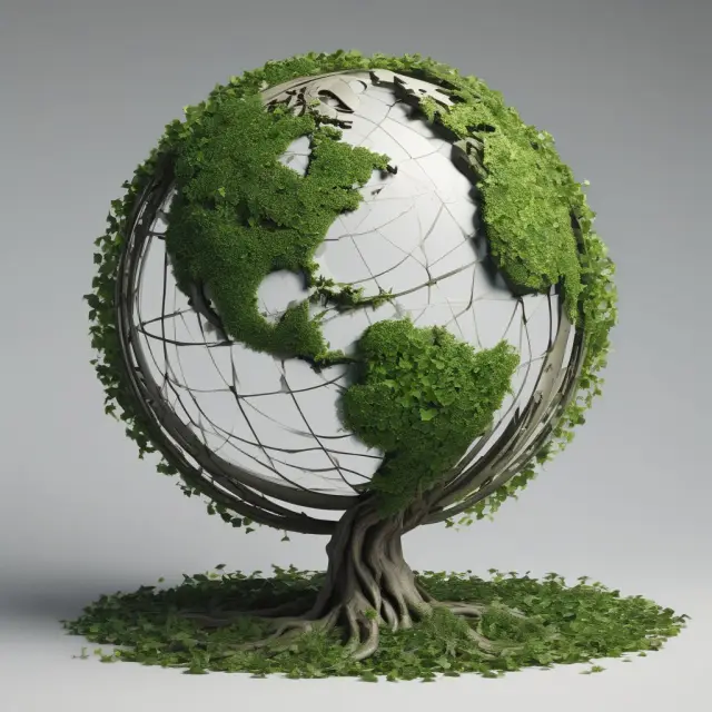 A global economy covered in ivy, representing international trade, with distorted and disrupted routes signifying the negative effects of voluntary export restraints