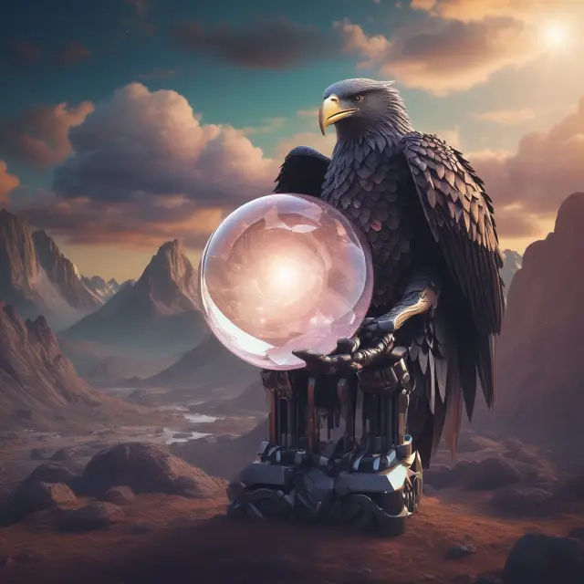 A robot auditor examines a towering pile of digital tax returns using advanced AI technology and a crystal ball, symbolizing the future impact of technology on voluntary compliance.