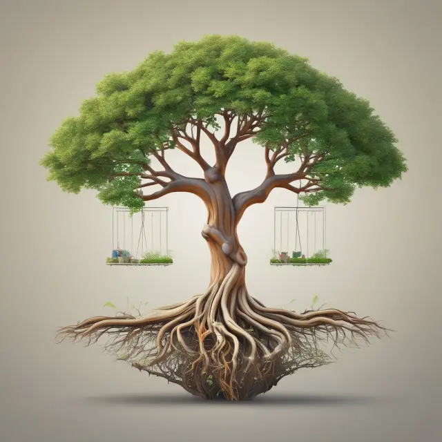 A tree with deep roots symbolizing VEBA trust, flourishing with tax-exempt funds, providing financial security and medical coverage.