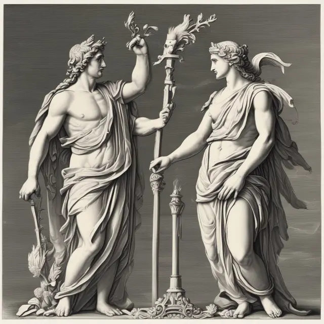 Vega and Vomma, Greek deities symbolizing option sensitivity to volatility and its change. Positive vega represented by rising volatility torch; negative vomma, olive branch of response convexity.