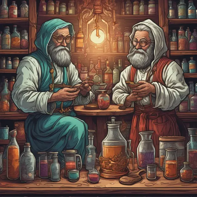 Artwork showing Vega and Vomma as alchemists, creating elixirs from volatility ingredients to test the value of various option types (call, put, straddle, and strangle)