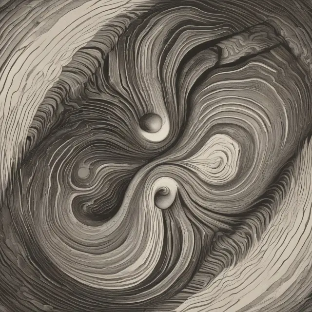 A visualization of historical volatility (past) and implied volatility (future) combining in a Yin-Yang vortex, illustrating their interplay in vega and vomma calculations.