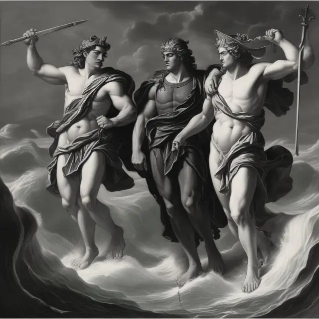 An image of Vega and Vomma personified as Greek gods navigating a stormy sea, with the Black-Scholes model as their compass, demonstrating their influence on options pricing through market volatility