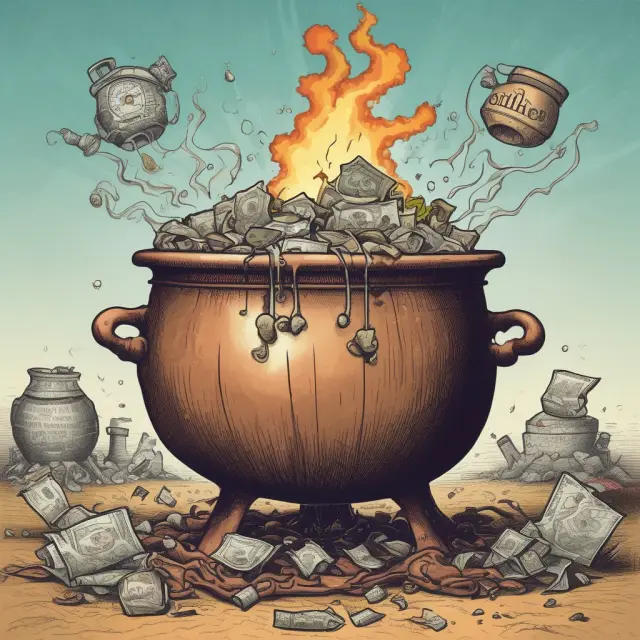 A bubbling cauldron filled with economic symbols representing Reagan