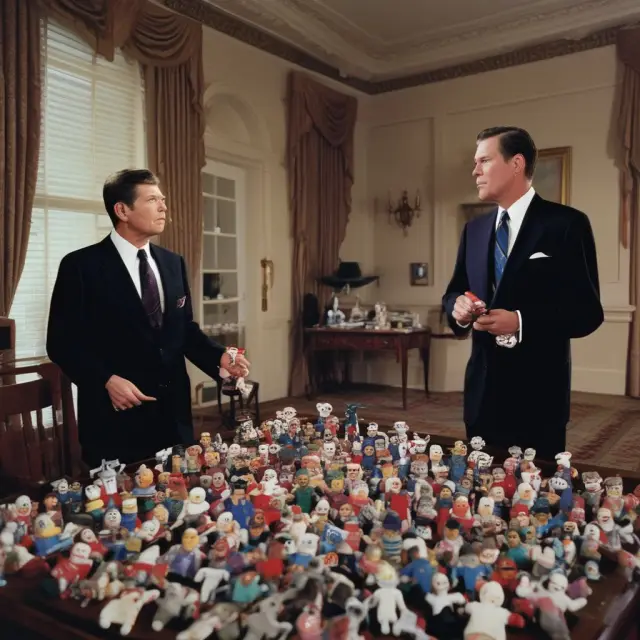 Reagan and Bush Sr., each with a voodoo doll representing their differing views on economics: Reagan advocating for trickle-down policies, while Bush Sr. expresses skepticism.