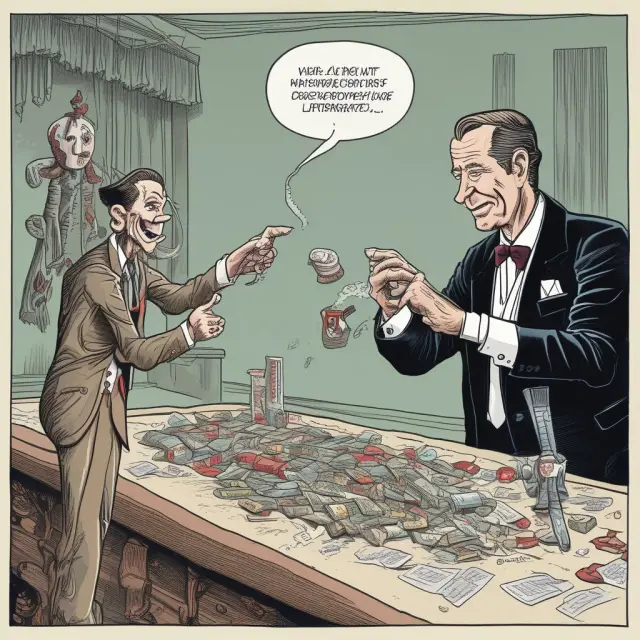 An old political cartoon featuring Bush Sr. as a magician attempting to sabotage Reaganomics by manipulating voodoo dolls representing its elements while Reagan looks on in surprise