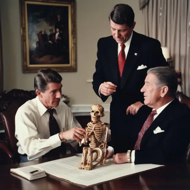 An image of Ronald Reagan manipulating a voodoo doll representing the US national debt as George H.W. Bush looks on, symbolizing their opposing economic ideologies