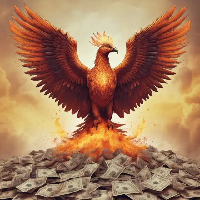 A phoenix emerging from piles of financial papers, representing Bush Sr.