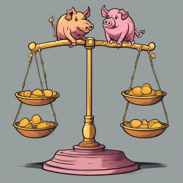 Scales illustrating the mixed outcomes of Reaganomics, showcasing economic gains (gold coins) and debts (pigs