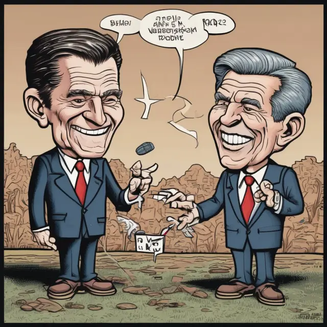 Bush and Reagan, debating at a table with magical voodoo dolls representing their respective economic policies