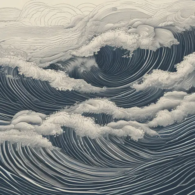 Stormy seawaves symbolizing market volatility, with calm VI+ line (blue) and turbulent VI- line (red)