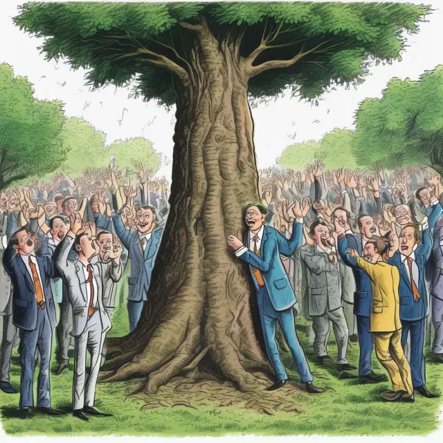 An image of activist investors represented as trees shaking leaves symbolizing change, while a hostile bidder approaches with a sack full of voting shares