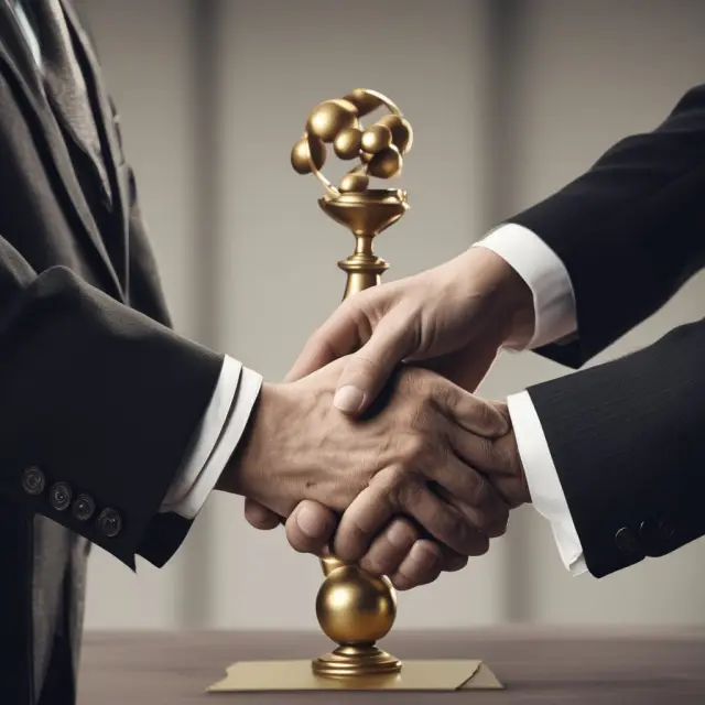 A scene depicting a trustee carefully handling golden balls representing shares in a trust, contrasted by shareholders handshaking to signify a voting agreement