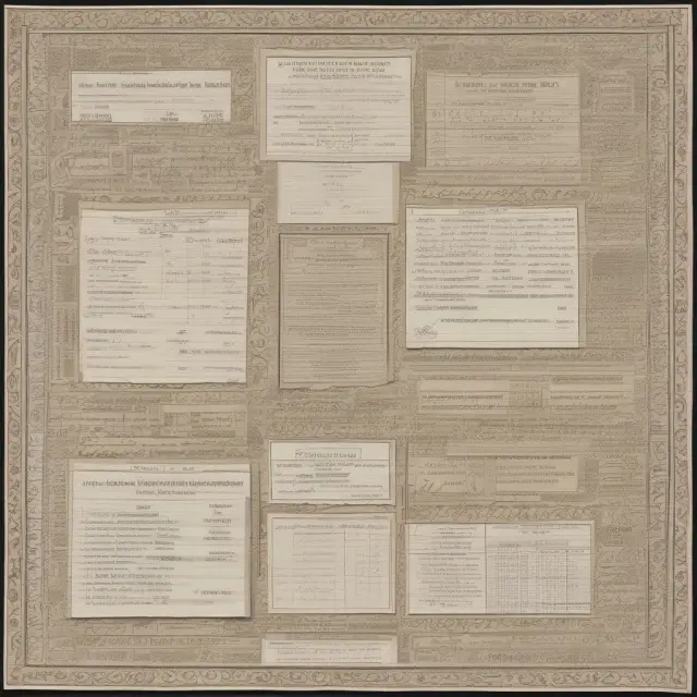 A vivid image of a meticulously woven tapestry representing voucher components: invoices, vendor/supplier signatures, receipts, purchase order, proof of payment, and general ledger accounts.