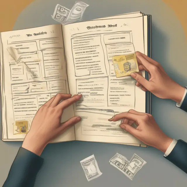Golden book symbolizing vouchers with hands holding receipts and invoices for accounting controls