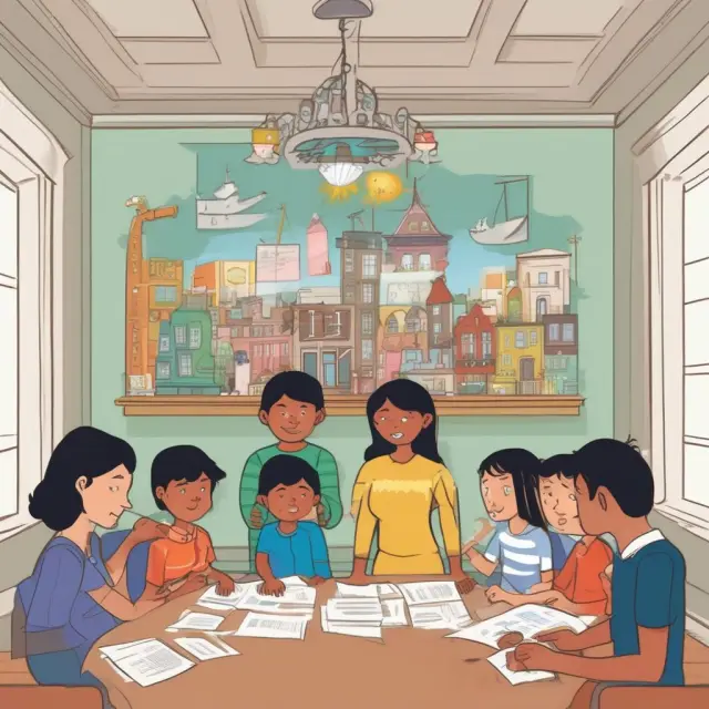 A ship carrying vouchers travels between houses and schools, symbolizing government assistance for affordable housing and education