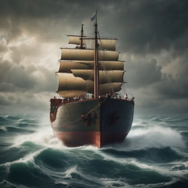 A ship braving rough seas, carrying a shielded cargo container, signifying the role of a voyage policy in safeguarding against risks during ocean freight transportation