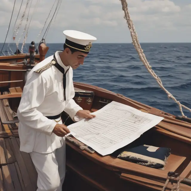 Sailor examining a scroll detailing voyage policy terms and conditions while at sea