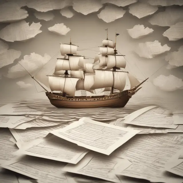 A ship sails on a sea of papers, with anchors representing properly documented voyage policy elements: Bill of Lading, Packing List, Voyage Instructions, and Insurance Declaration Page.