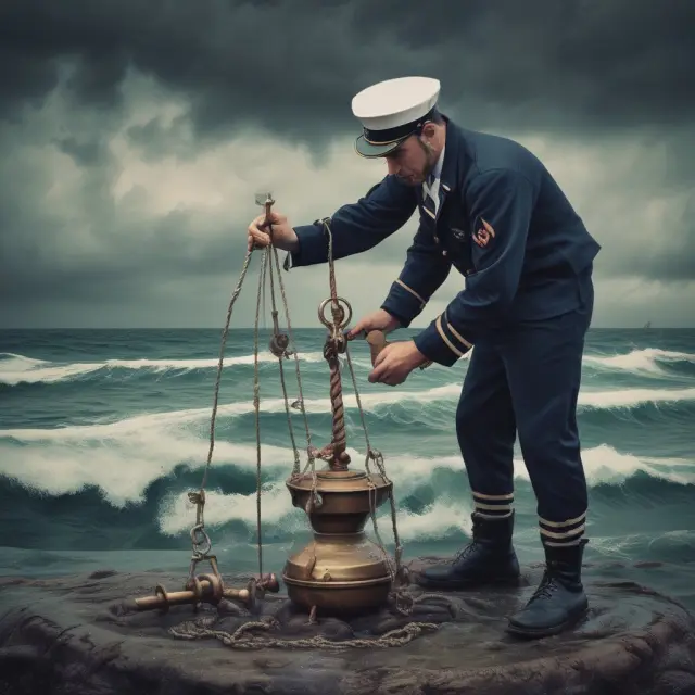 Sailor holding scales with different anchors symbolizing coverage options and weighing against a stormy sea of potential risks