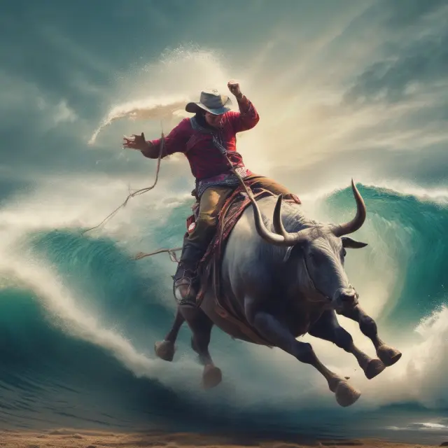 Bull on a surfboard riding wave formed by VPT and signal line crossovers