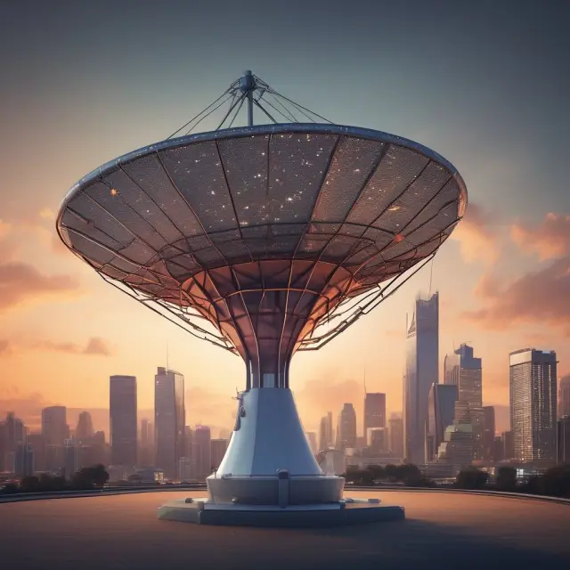 A VSAT dish antenna transmitting financial data to a network of traders, highlighting the importance of satellite communications in finance and investment