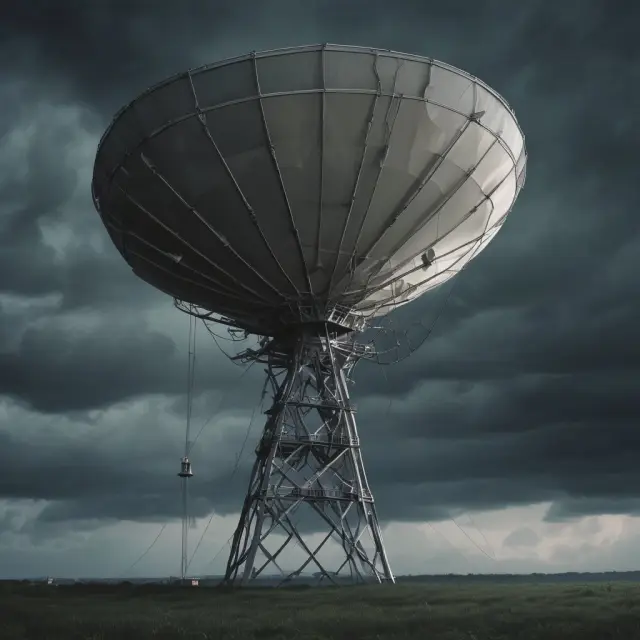 A VSAT satellite amidst stormy skies, with clock hands illustrating latency.