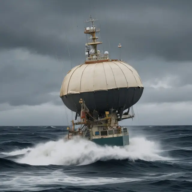 A VSAT satellite navigating through a stormy sea, enduring heavy rain, snow, and fog to maintain communication with ground stations