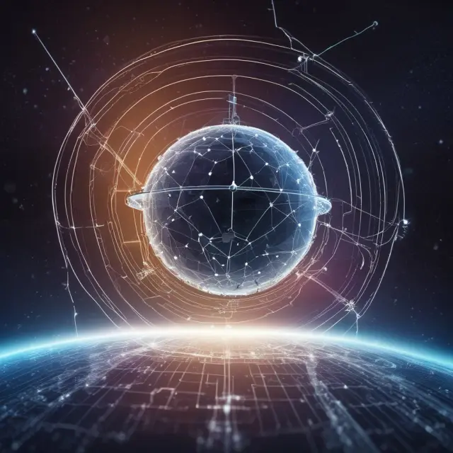 An encrypted satellite transmitting protected financial data through a VSAT network, ensuring secure communication.