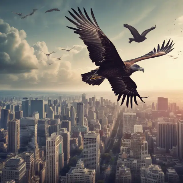Vulture flying over abandoned factories and distressed buildings, symbolizing vulture capitalists identifying investments in financially troubled companies