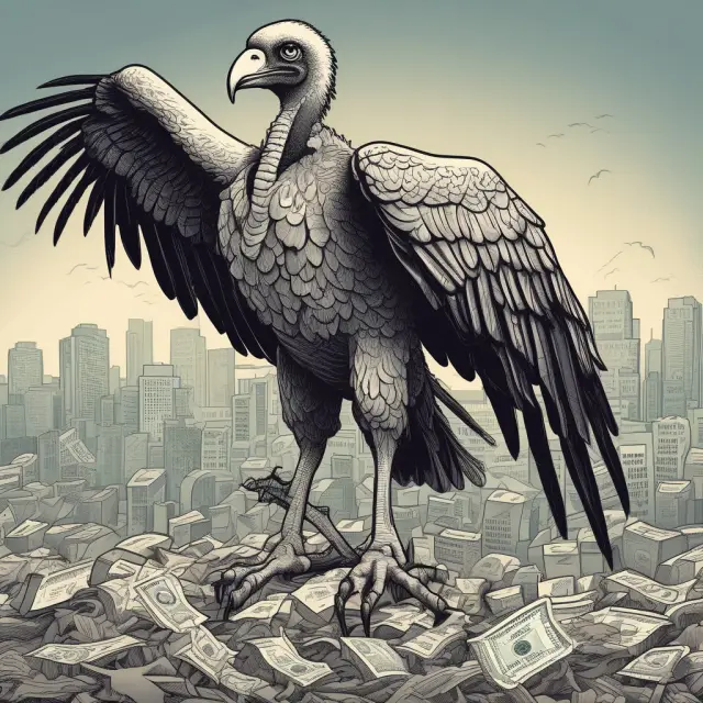 Vulture capitalist implementing aggressive cost-cutting measures to revive struggling company, depicted by stripping down layers of an overgrown corporation