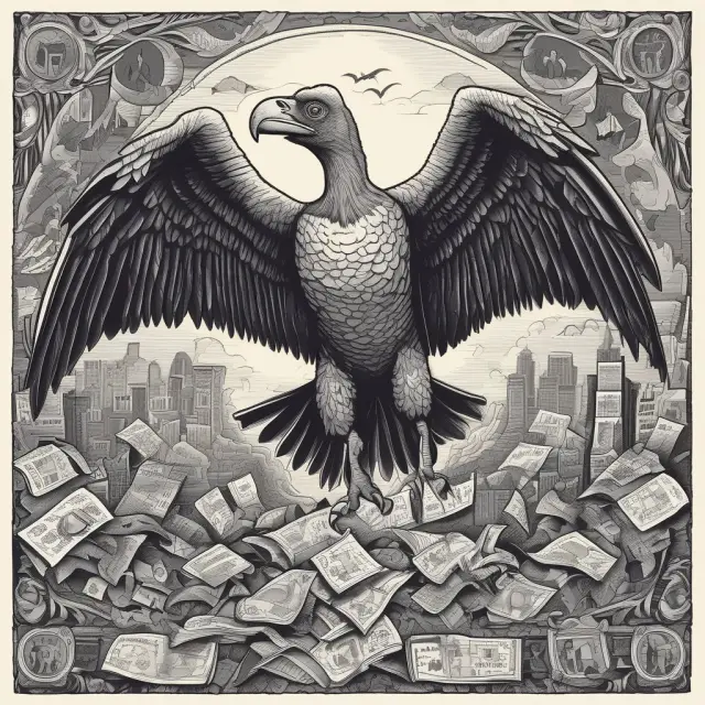 Vulture capitalist in process of asset stripping, selling puzzle pieces of company for profit