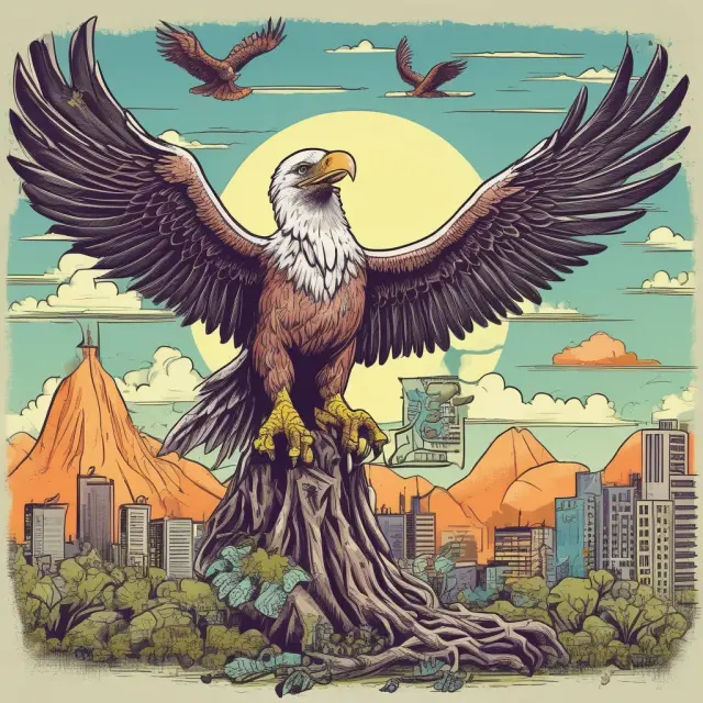 An eagle representing vulture capitalism flies above a struggling business, while a phoenix symbolizing venture capitalism fosters growth for a young startup