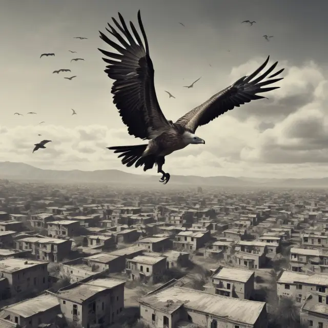 Vulture soaring above a struggling town, representing criticism against vulture capitalists