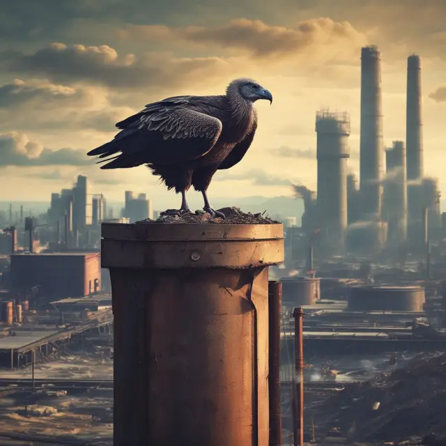 A vulture surveying an industrial landscape, symbolizing the role of vulture capitalism in restructuring distressed companies