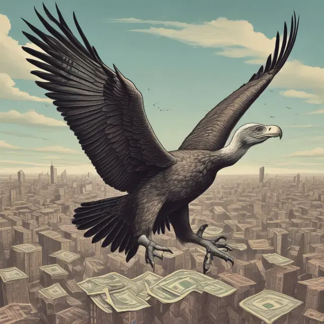 A vulture in flight, clutching Argentine bonds, symbolizing the controversial actions of vulture capitalists during Argentina