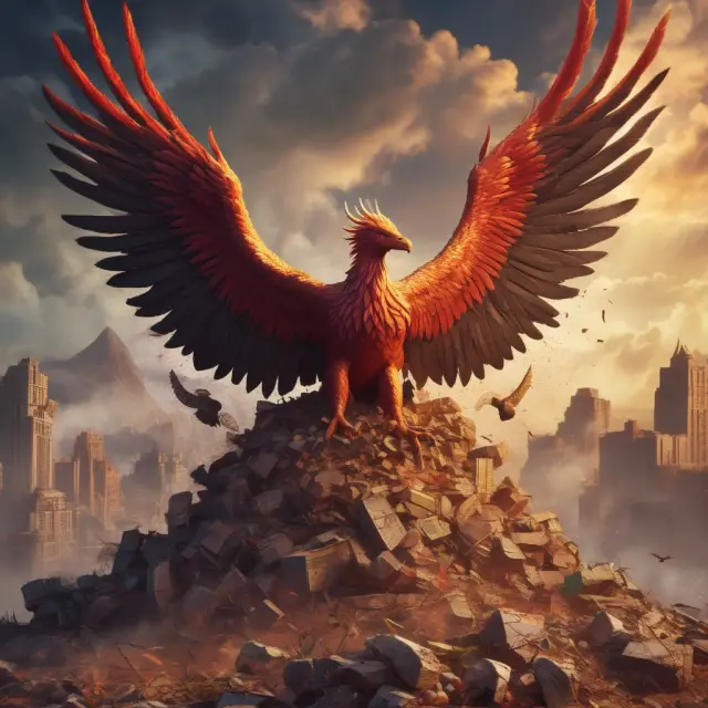 Image of a mythical Phoenix bird emerging from a pile of distressed company files, representing the regenerative role of vulture capitalists