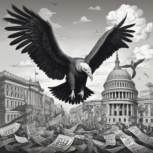 A vulture fund soaring above a battlefield of distressed assets - government debt, real estate properties, and highly leveraged firms.