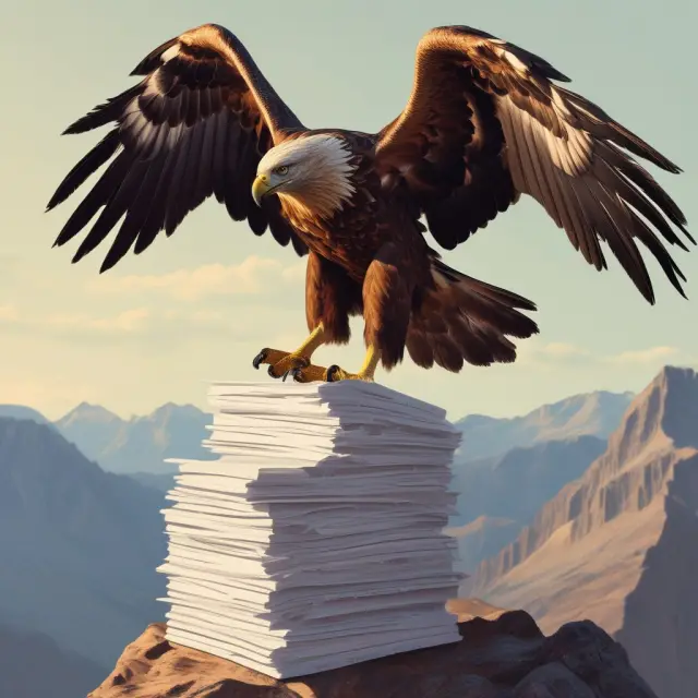 A golden eagle with outstretched wings atop a large pile of legal documents, illustrating the strategic role of vulture funds in leveraging law to generate profits.
