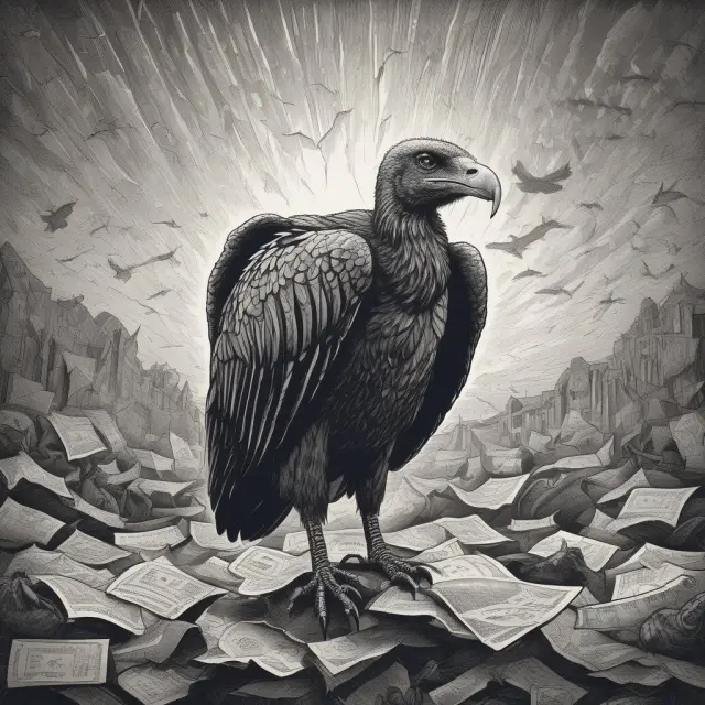 A vulture perched atop an economic chaos scene, symbolizing the controversial role of vulture funds in debt restructuring and ethical criticisms.