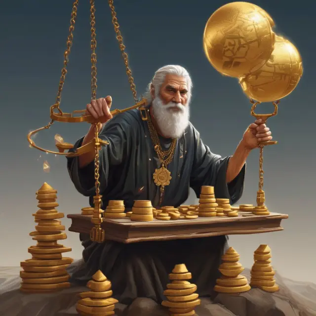 Ancient trader using a balance to weigh gold bars (trades) against a crystal ball displaying Volume-Weighted Average Price (VWAP) data