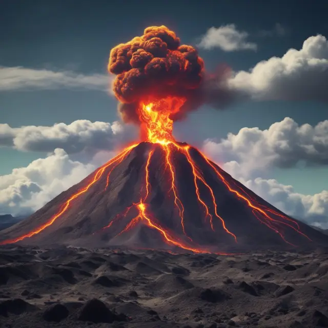 Volcano erupting with Nasdaq logos instead of lava, representing Cboe Nasdaq Volatility Index (VXN) as a measure of technology sector volatility