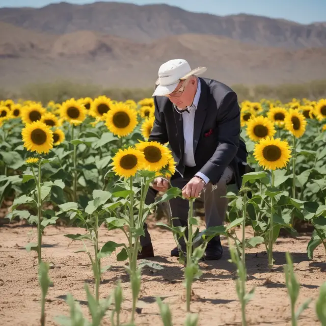 Billionaire William Polk Carey sowing seeds symbolizing knowledge blooming into sunflowers in the desert, representing growth of W.P. Carey School of Business