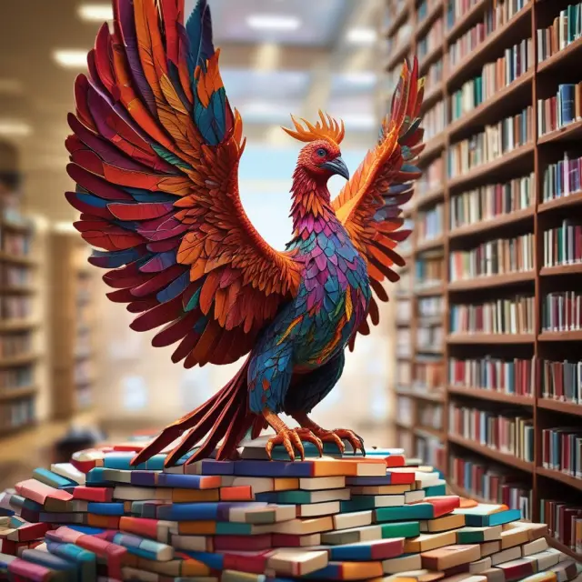 A phoenix rising from a pile of books against the backdrop of an academic setting - symbolic of growth, learning, and transformation at the W.P. Carey School of Business.