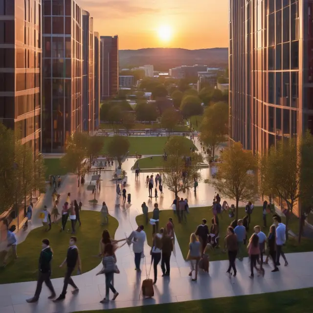 Sun setting over a vibrant W.P. Carey School of Business campus in Tempe, Arizona, where students collaborate and learn