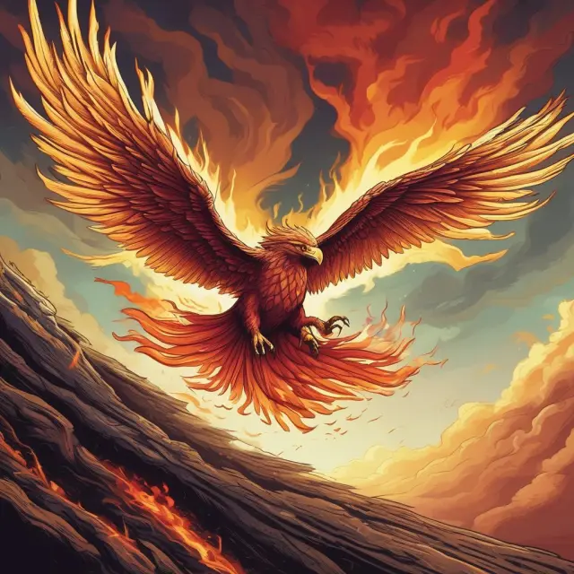 Visualization of a W-shaped economic recovery, with two phoenixes emerging from the flames, symbolizing initial and final recoveries